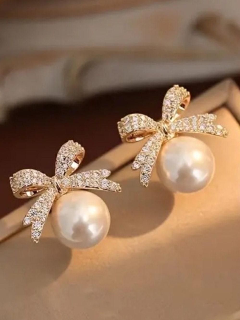 Gold Bow Pearl Drop Earrings - Elegant Women Jewelry